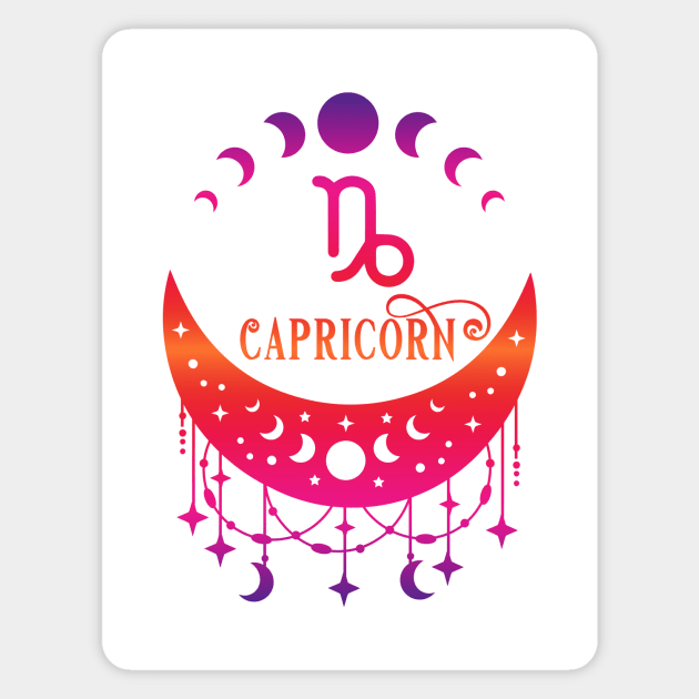 Rainbow Ombre Moon Phases and Capricorn Zodiac Symbol Magnet by Cheeky Witch